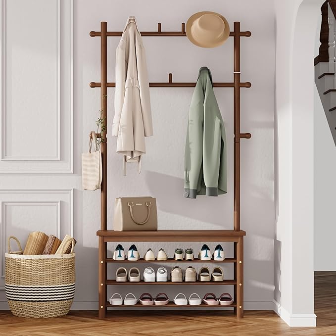 Bamboo Hall Tree with 13 Hook, 6-in-1 Entryway Bench with Coat Rack Freestanding, Coat Rack with Shoe Storage Bench Organizer for Mudroom, Bedroom, All-in-One Shoe Rack,Walnut
