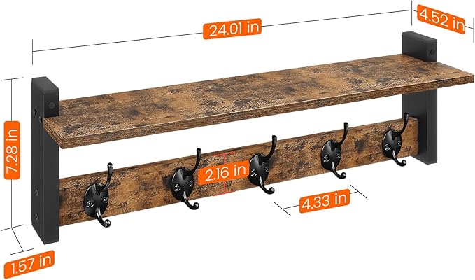 Homode Coat Rack with Wall Mount, 24 Inch Long Entryway Wall Shelf with Hooks, Wood Hanger with Storage Shelf for Bathroom, Hallway, Rustic Brown Black