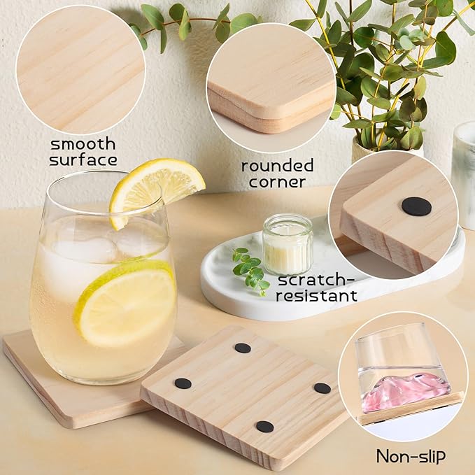 36 Pieces Unfinished Wood Coasters, GOH DODD 4 Inch Wooden Blanks with Non-Slip Pads for Laser Engraving Wood Burning Staining Painting Decoupage Housewarming Gifts Wedding Crafts Education, Square