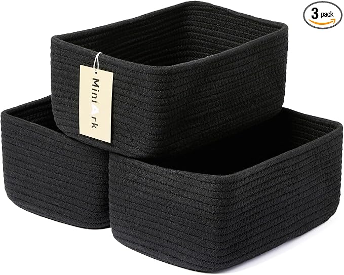 Small Storage Baskets for Organizing | Closet Organizer Bins | Shelf Toy Basket | Woven Rope Baskets | Cube Decorative Box | Shallow Basket | 11.5x7.5x4.7” | 3 Packs Black