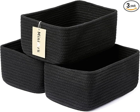 Small Storage Baskets for Organizing | Closet Organizer Bins | Shelf Toy Basket | Woven Rope Baskets | Cube Decorative Box | Shallow Basket | 11.5x7.5x4.7” | 3 Packs Black