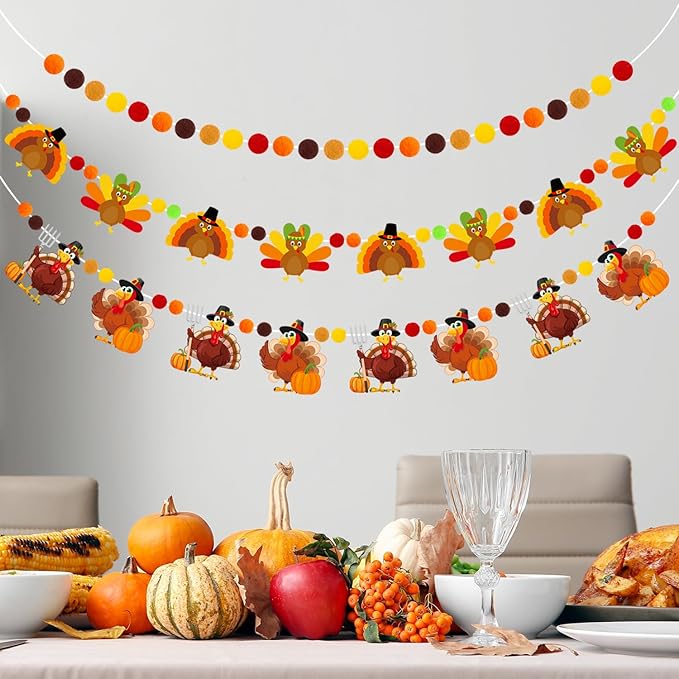 Doumeny 3Pcs Fall Thanksgiving Felt Banner Thankful Felt Turkey Bunting Garland Happy Thanksgiving Hanging Garland Give Thanks Party Banner Pompom Ball Bunting with Turkey for Home Fireplace Decor