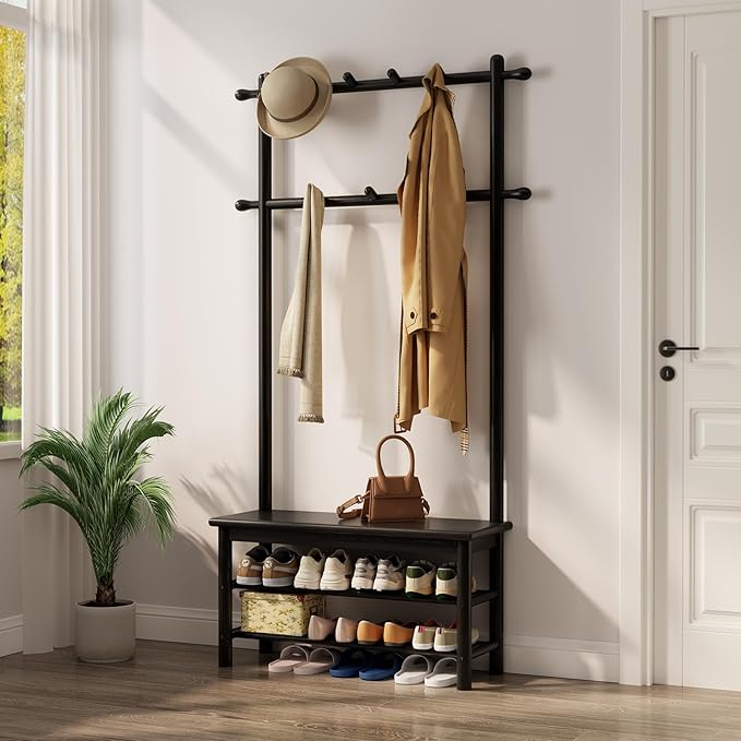 Coat Rack with Shoe Storage, Wooden Hall Tree with Bench, 11 Hooks and 2-Tier Storage Shelves, 3-in-1, Entryway Bench with Coat Rack (31.5"-Deep Black)