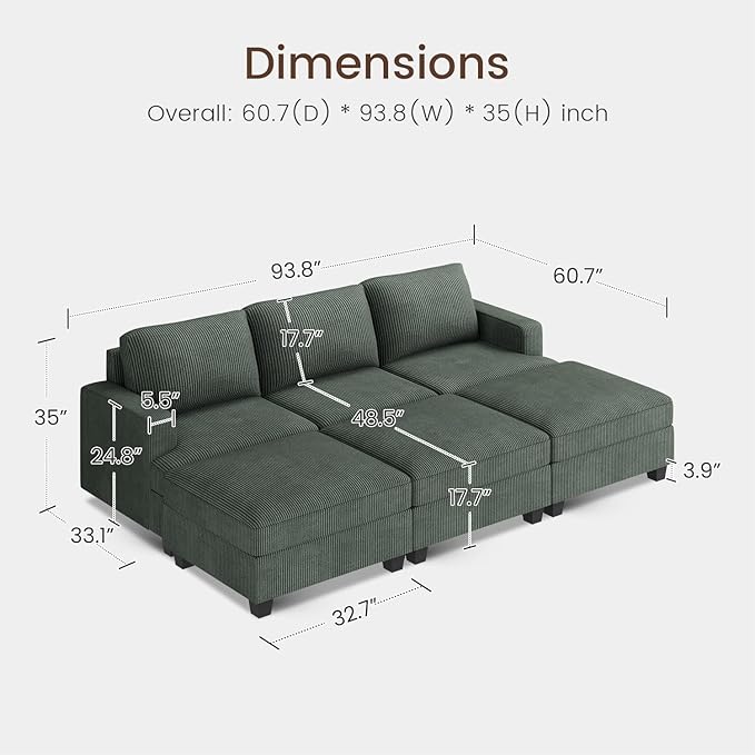 Nolany Corduroy Sectional Couch with Storage Ottoman, Sleeper Sectional Sofa with Chaise, Modular Sectional Couches for Living Room, Green