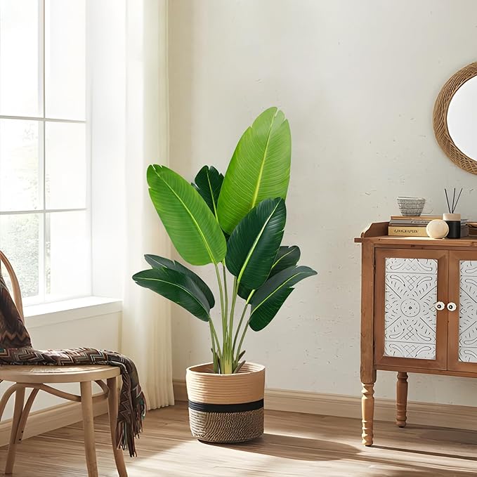 Artificial Bird of Paradise Plant 4Ft Fake Tropical Palm Tree with 8Trunks Faux Banana Leaf Trees in Pot for Home Indoor Outdoor Office Modern Decor Housewarming Gift（1Pcs）