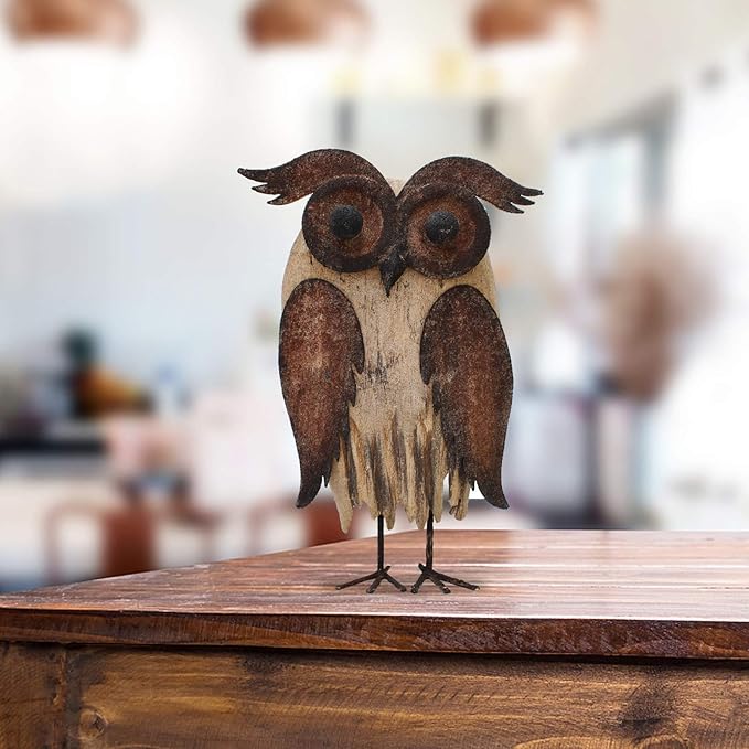E-View Rustic Owl Figurine - Wood & Iron - Collectible - Home Decor - Brown