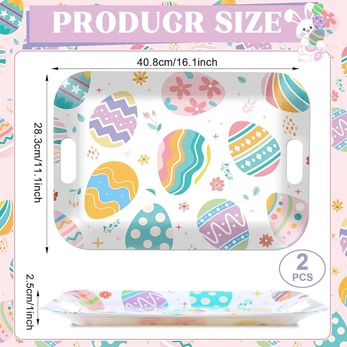 gisgfim 2Pcs Easter Serving Trays 16 X 11 Inch Large Melamine Easter Colorful Egg Trays Platters with Handles Reusable Spring Easter Food Trays for Snacks Birthday Decors Easter Day Party Supplies