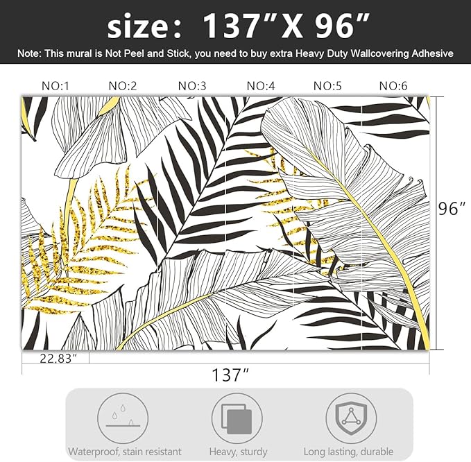 '-Black and Gold Tropical Botanical Banana Leaf Fabric Wallpaper Living Room Bedroom Bathroom Abstract Plant Large Wall Mural- 137"x96"（ not Peel and Stick）