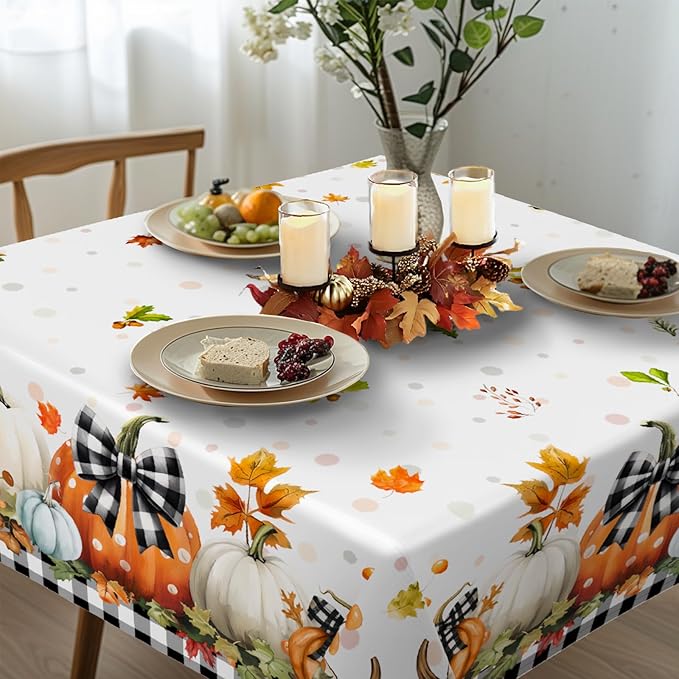 Fall Pumpkin Tablecloth Thanksgiving Autumn Buffalo Plaid Table Cloth 60"x60", Waterproof and Reusable Table Cover for Fall Harvest Party Decoration