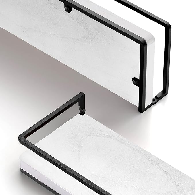 Meangood Floating Shelves Wall Mounted Set of 2, Wall Shelf with Towel Bar Rustic Wood Wall Storage Shelves for Bedroom,Living Room,Bathroom, Kitchen White