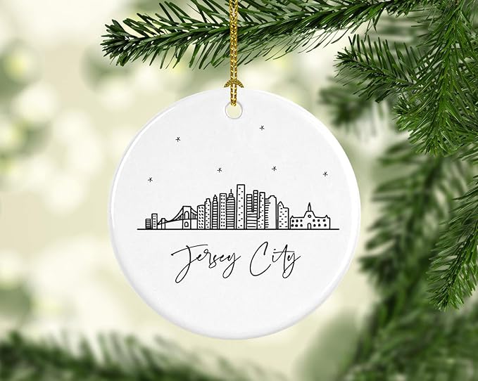 Andaz Press Round Ceramic Porcelain Christmas Tree Ornament Keepsake Gift, Jersey City, Black and White Stars City Skyline Graphic, 1-Pack, Birthday Ideas Family Coworker Him Her, Includes Gift Box