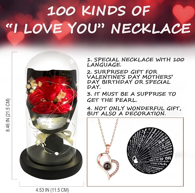 Gift for Her Forever Flower Bouquet for Delivery Prime Preserved Red Roses Glass Dome LED Light 100 Languages I LOVE YOU Necklace Mothers Day Birthday Romantic Valentines Gift for Wife Women Mom