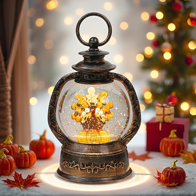 Fall Snow Globe Lantern - Thanksgiving Glittering Lighted Water Lantern, Fall Decorations Autumn Harvest Day Gifts, Home Halloween Christmas Decor (Turkey in Pumpkin)