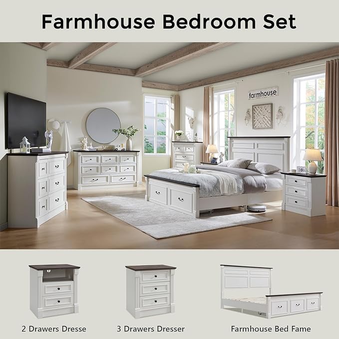 26" Tall Farmhouse Nightstand Set of 2, 3 Drawers End Table w/Charging Station, 23.6" Wide Large Side Table w/Roman Column, Wood Rustic Sofa Table for Bedroom, White