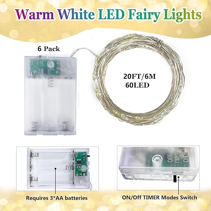 6 Pack Fairy Twinkle Lights Battery Operated, 3 Pack Cool Whie & 3 Pack Warm White Each 20FT 60 LED Waterproof Outdoor Christmas String Light, Fairy Light with Timer for Christmas Decorations