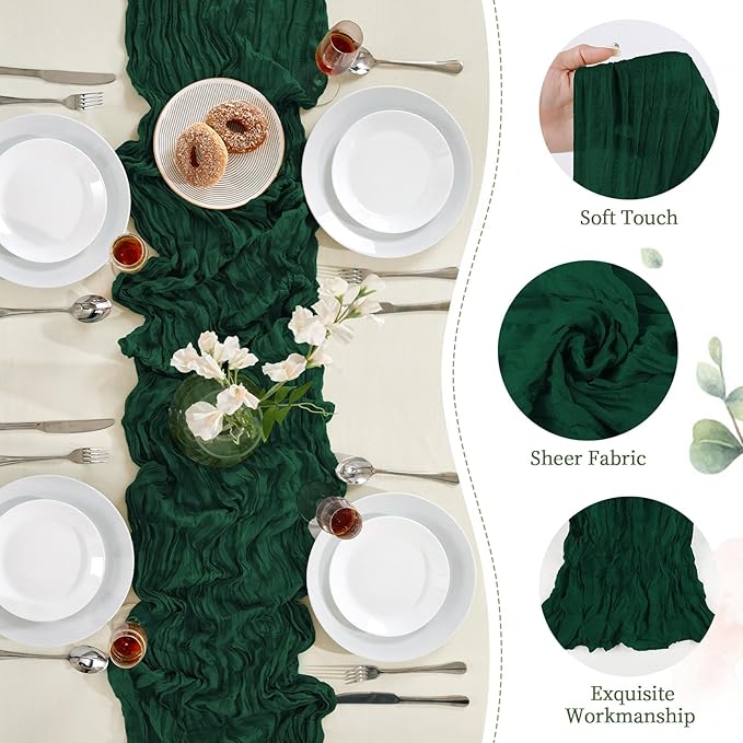 6 Pack Emerald Green Cheesecloth Table Runner 10FT Long Boho Gauze Table Runner Rustic Sheer Runner for Wedding Bridal Baby Shower Birthday Party Table Decor Fall Thanksgiving Christmas Decorations