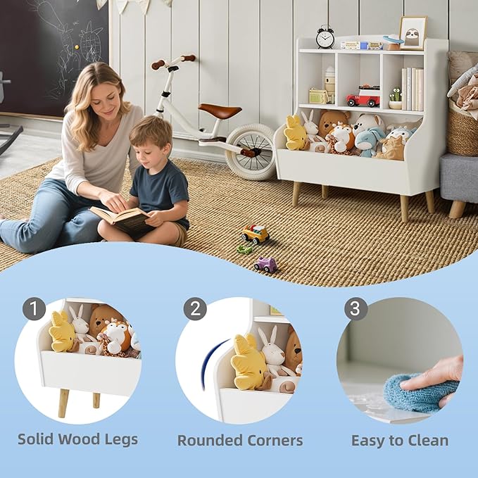 Kids Bookshelf and Toy Storage, 4-Cubby Toy Storage Organizer with Bookcase, Wood Kid Storage Cubby, 24"L x 14"D x 28"H Montessori Toy Shelf, Toddler Book Shelf for Kids Room Nursery Playroom