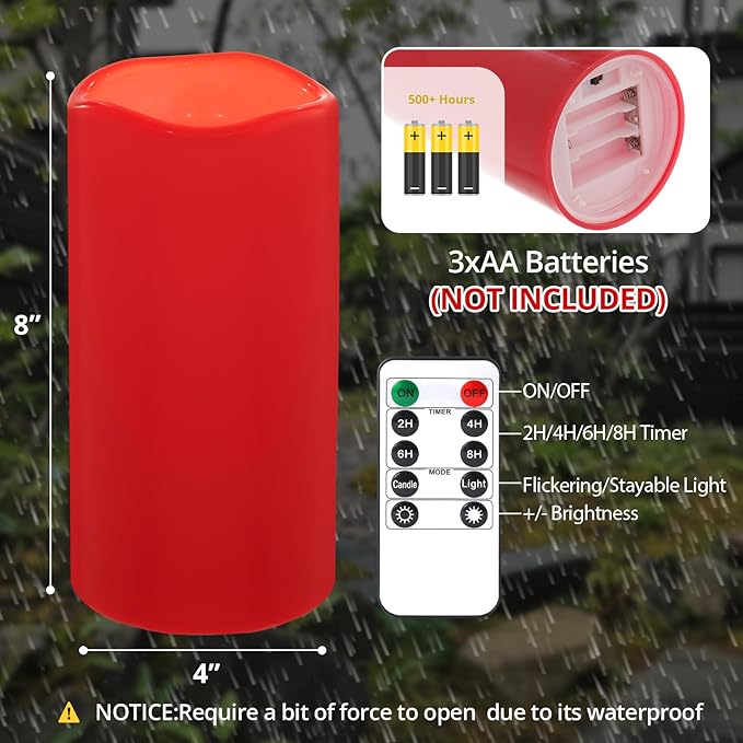NURADA 8" x 4" Large Outdoor Flameless Candles - Waterproof LED Pillar Flickering Candle Battery Operated with Timer Remote Control for Patio Porch Christmas Decor - 2 Pack Red