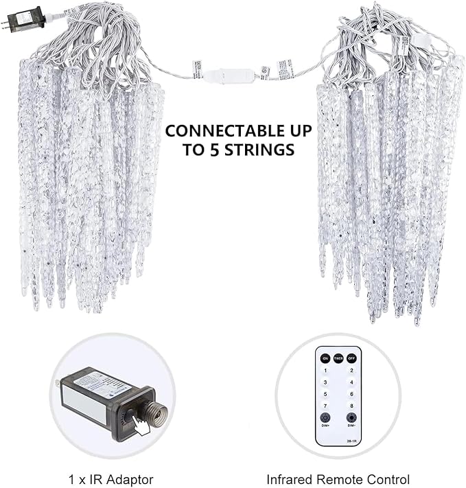 Icicle Lights Outdoor with Remote, 2 Pack Total 40ft 40 Tubes 200 LED Ice Shape String Lights, Connectable Hanging Christmas Decoration Lights for Tree Patio Roof Holiday Decor, Cool White