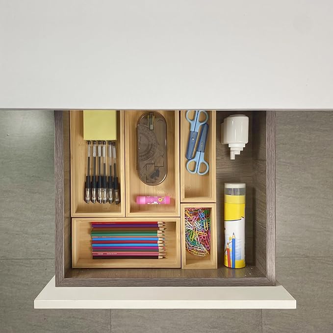 bamboo drawer organizer Set，expandable drawer dividers,wooden storage organizers,large trays for kitchen, bathroom,flatware,Tea Bag Organizer (2 X 5PCS Natural)