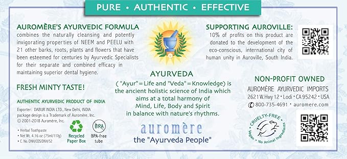 Auromere Ayurvedic Herbal Toothpaste, Fresh Mint - Vegan, Natural, Non GMO, Flouride Free, Gluten Free, with Neem & Peelu (4.16 oz), 5 Pack