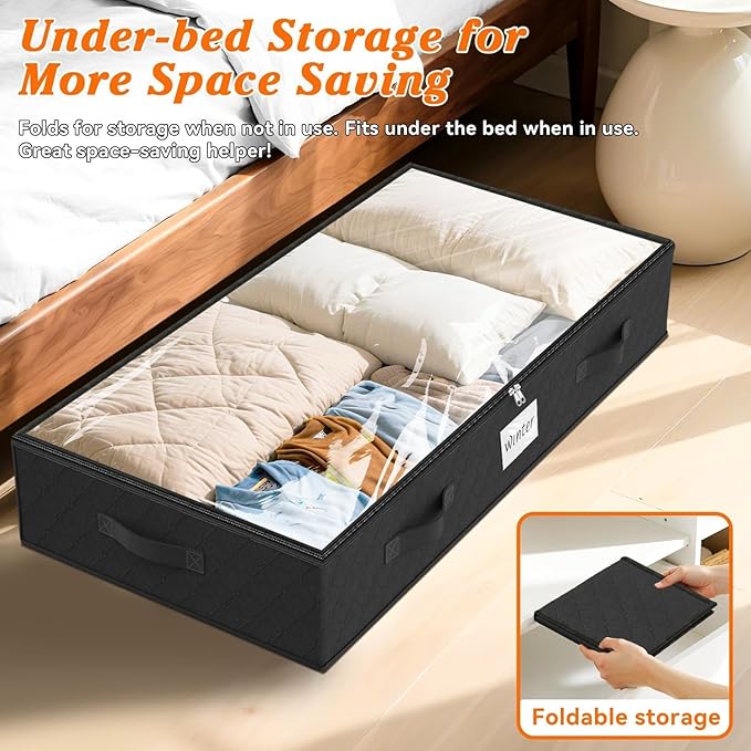SpaceWhisper 90L Under Bed Storage Containers, 6-Pack Storage Bins with Clear Top, Foldable Closet Organizers and Storage with Label Holder for Clothing, Blankets, Comforter & Pillows(Black)