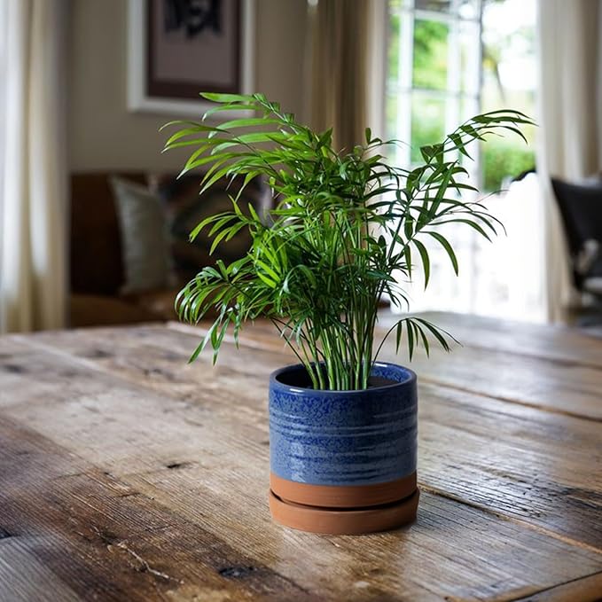 6 Inch Plant Pots, Ceramic Planter Pot with Drainage Hole & Saucer, Indoor/Outdoor Cylinder Round Planter Pot, Aqua Blue & Terracotta Red