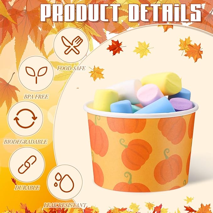 100 Pcs 9oz Fall Paper Bowls Treat Snack Cups Autumn Ice Cream Dessert Bowl Thanksgiving Pumpkin Maple Leaf Treat Snack Cup for Hot or Cold Food Thanksgiving Party Favor Supplies