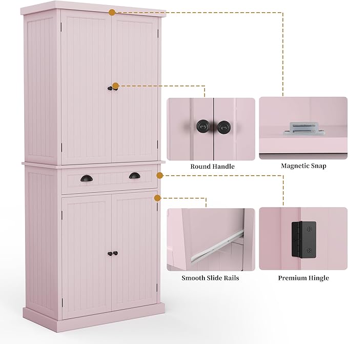 ARTPOWER 72" Tall Kitchen Pantry Storage Cabinet with Drawer and Adjustable Shelves, Pantry Cabinet for Kitchen, Bathroom or Hallway, Pink