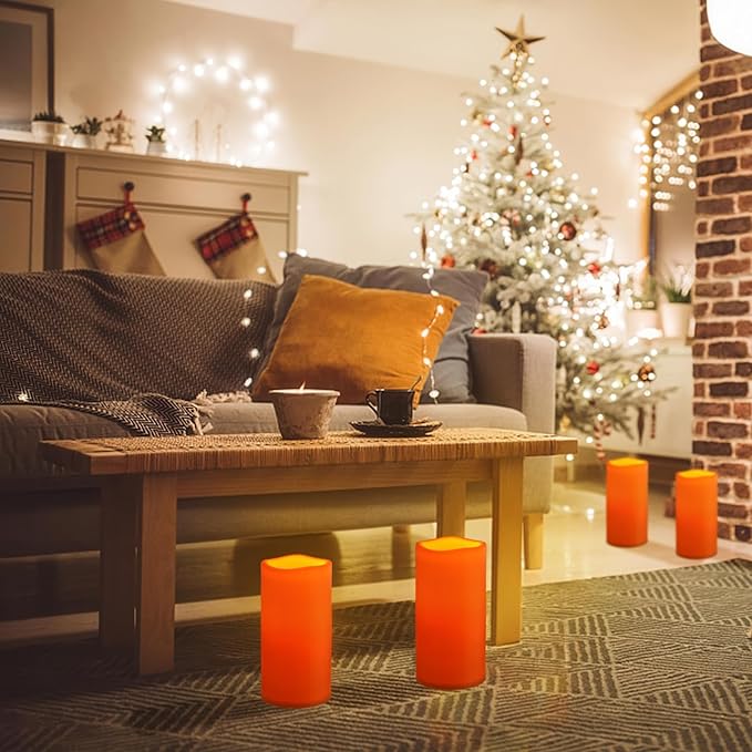 NURADA 8" x 4" Large Outdoor Flameless Candles - Waterproof LED Pillar Flickering Candle Battery Operated with Timer Remote for Patio Porch Lanterns Halloween Thanksgiving Fall Decor - 2 Pack Orange