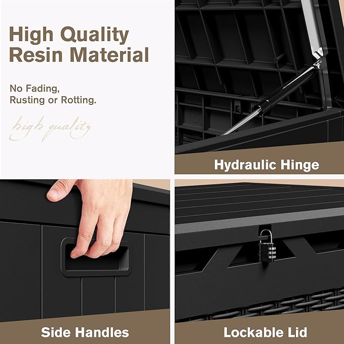 JUMMICO 100 Gallon Resin Deck Box, Waterproof Outdoor Storage Box with Lockable Lid for Garden Tools, Patio Cushions (Black)