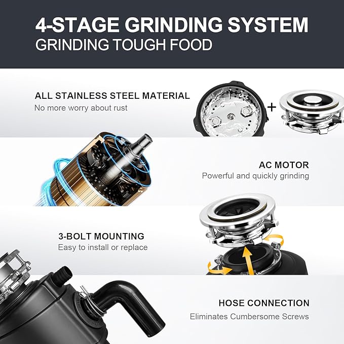 Garbage Disposal 3/4 HP Ultra Quiet powerful grinding Kitchen Food Waste Disposer with Power Cord Easy install, AC Motor Unit Continuous Feed Stainless Steel Grind 0.75 Horsepower (MAX-5)