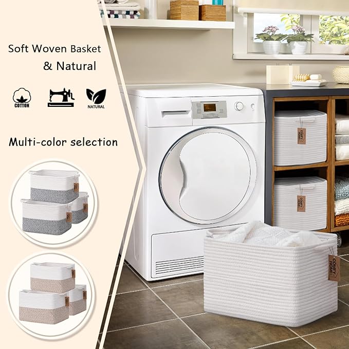 COMFY-HOMI 3PACK Cotton Rope Square Basket with Handles for Shelves|Dog Toy Basket Bin and Storage|Baby Basket for Gif|Shoe basket for Organizing|New13.5" x 11" x 9.5" for Living Room（All White）