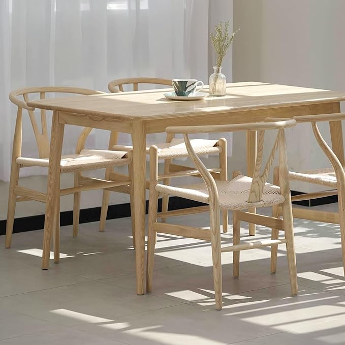 Wishbone Chair Natural Solid Wood Dining Chair/Hans Wegner Y Chair Rattan and Wood Accent Armrest Chairs - Ash Wood Chairs Set of 4 (Ash Wood + Natural Color)