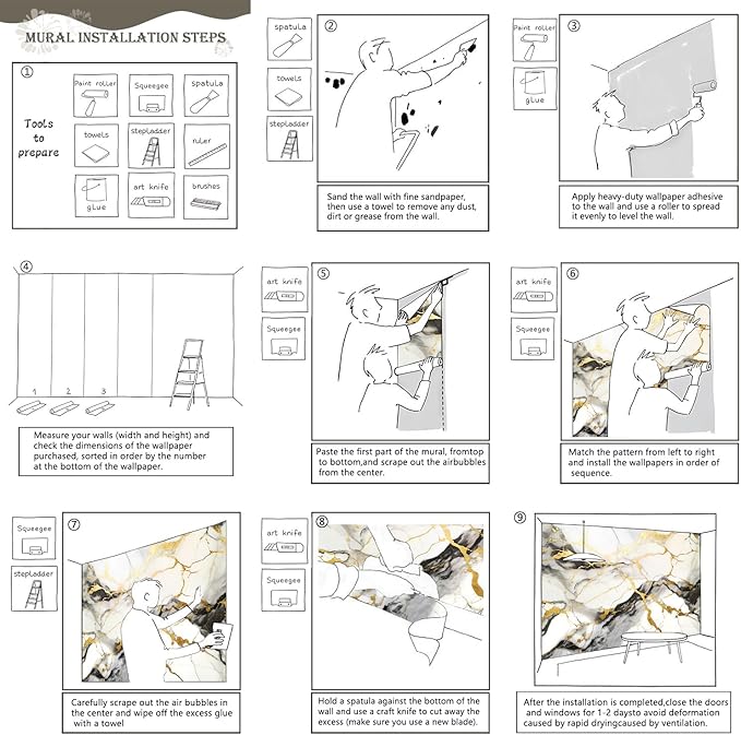 AFZEVEB-Black and Gold Marble Wallpaper Wall murals for Bedroom 159"x107" (Not Peel and Stick)