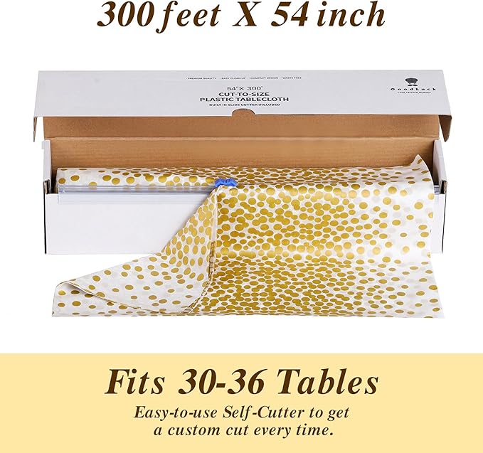 Goodluck 54 Inch X 300 Feet Plastic Table Cloths with Cutter Box, Gold Disposable Table Cover Roll, Plastic Tablecloth for Party, Wedding, Birthday, Anniversary, Thanksgiving, Christmas White Gold Dot