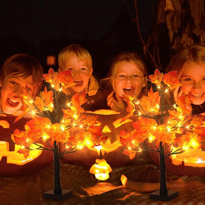 2 Pack Fall Lighted Maple Tree 48 LED Lights Thanksgiving Decoration Artificial Tree Lights 20 inch Battery or USB Powered DIY Table Light for Desktop Autumn Harvest Party Indoor Decor