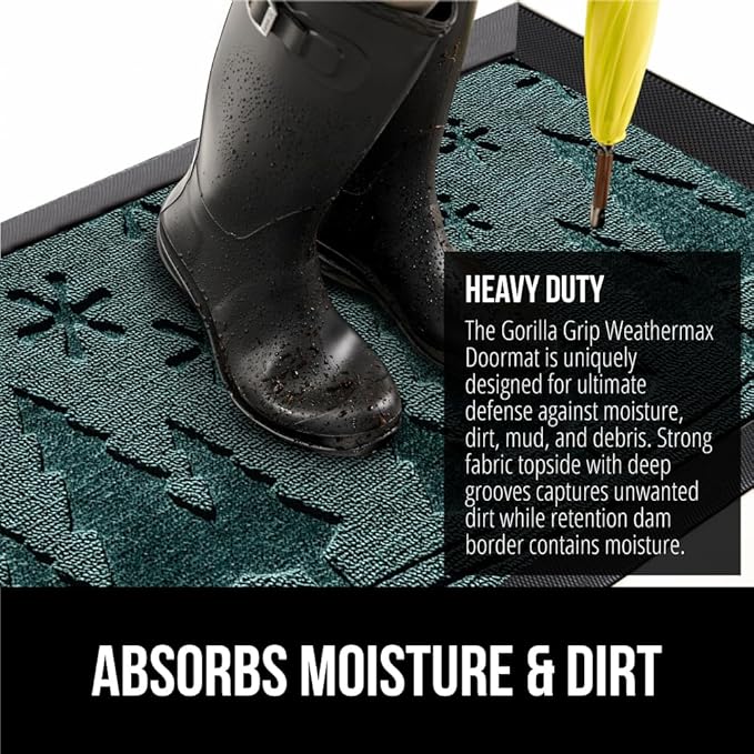 GORILLA GRIP 100% Waterproof All-Season WeatherMax Doormat, US Designed Natural Rubber, Stain and Fade Resistant, Low Profile Indoor Outdoor Door Mats, Easy Clean Patio Mat, 17x29, Green Snowscape