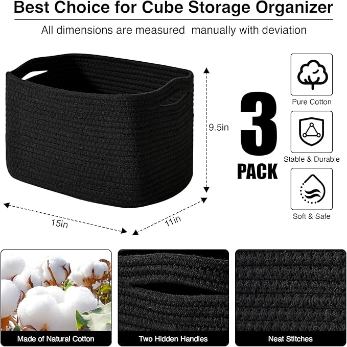 Black Storage Baskets for Organizing Shelves, Toy Basket for Nursery, Woven Cotton Rope Basket for Decor, Towel Baskets for Bathroom, 15"x11"x9.5", 3 Packs, Black