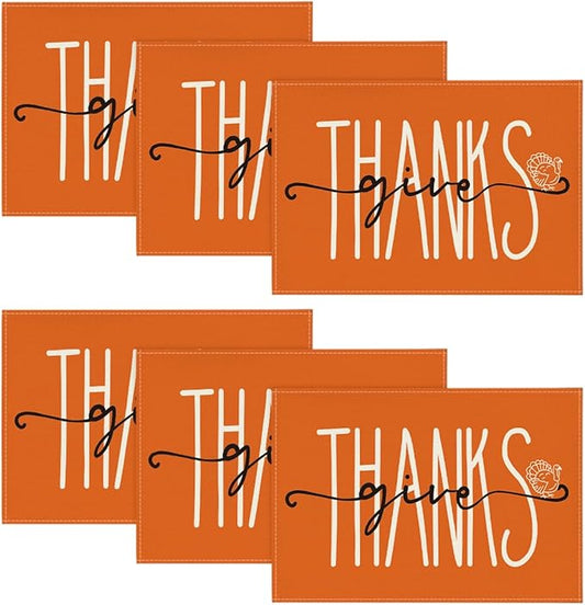 Artoid Mode Pumpkins Give Thanks Turkey Fall Placemats Set of 6, 12x18 Inch Pumpkin Pie Thanksgiving Table Mats for Party Kitchen Dining Decoration