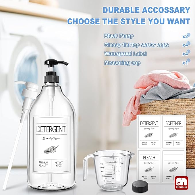 GMISUN Laundry Detergent Dispenser, 2 Pack Liquid Laundry Soap Dispenser, 64oz Storage Container for Farmhouse Laundry Room Decor, Liquid Bottle Organizer for Detergent/Softener/Bleach