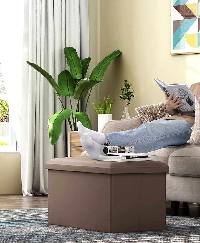 Storage Ottoman Bench, Folding Ottoman Foot Rest, 15 x 30 x 15 Inches, End of Bed Bench,Storage Chest, for Living Room, Bedroom, Hallway, Entryway, Brown