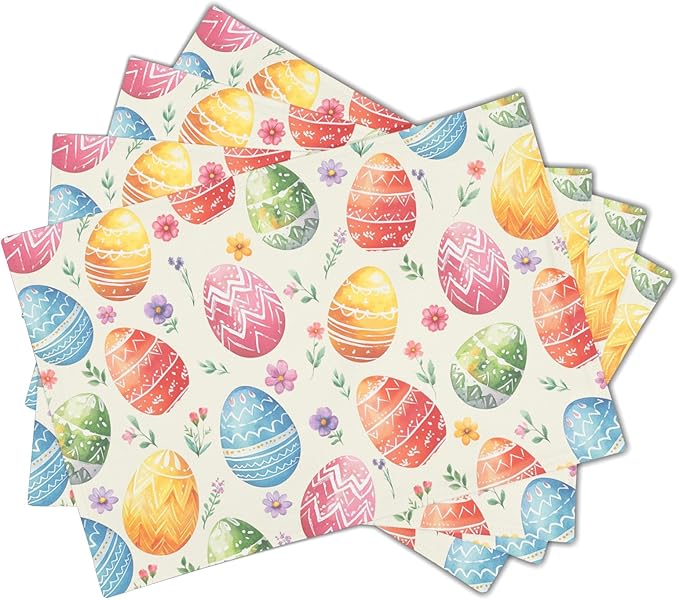 Easter Placemats Set of 4 Spring Colorful Easter Egg Floral Washable Non-Slip Heat Resistant Place Mats 12x18 Inch Rustic Linen Table Mats for Kitchen Dining Party Decor