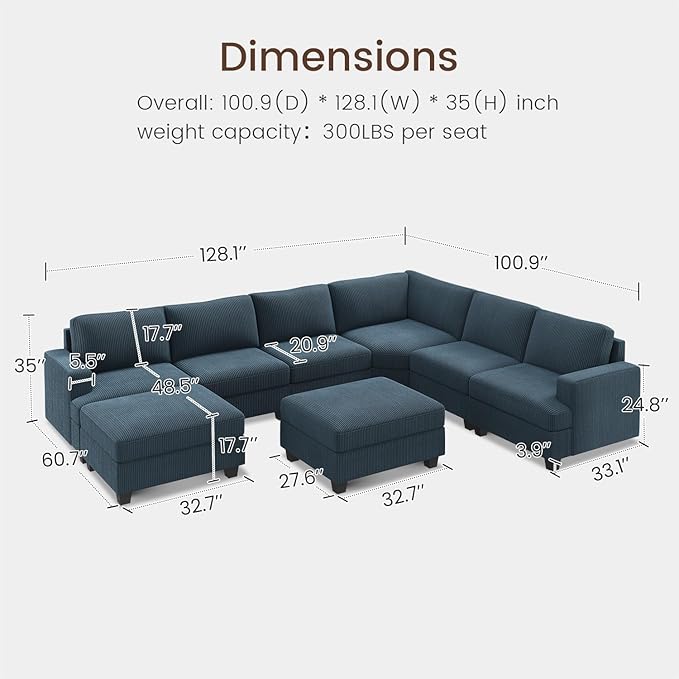 Nolany Sectional Sofa with Storage Ottoman, Corduroy Modular Sectional Couch, U Shape Sectional Couches for Living Room, Blue