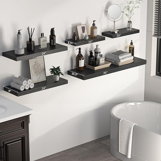 Floating Shelves - 2 Pack 9 Inch Rustic Wooden Wall Shelves - Extra Deeper & Thicker Wall Mounted Storage Shelf for Living Room, Kitchen, Farmhouse - 24" W x 9" D x 1.6" H - Rustic Black