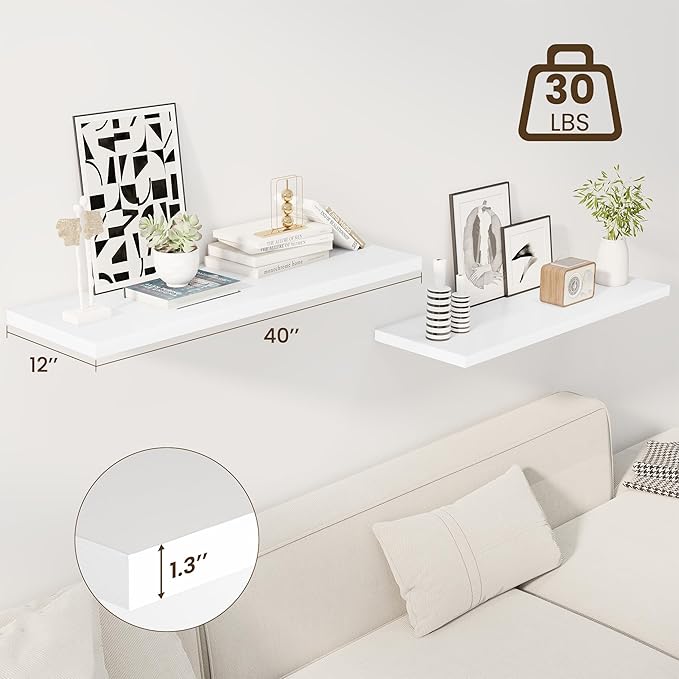 40" Floating Shelves for Wall, 12" Deep Slim White Floating Shelves, Wall-Mounted Shelves for Bedroom, Living Room, Kitchen, Bathroom - Set of 2