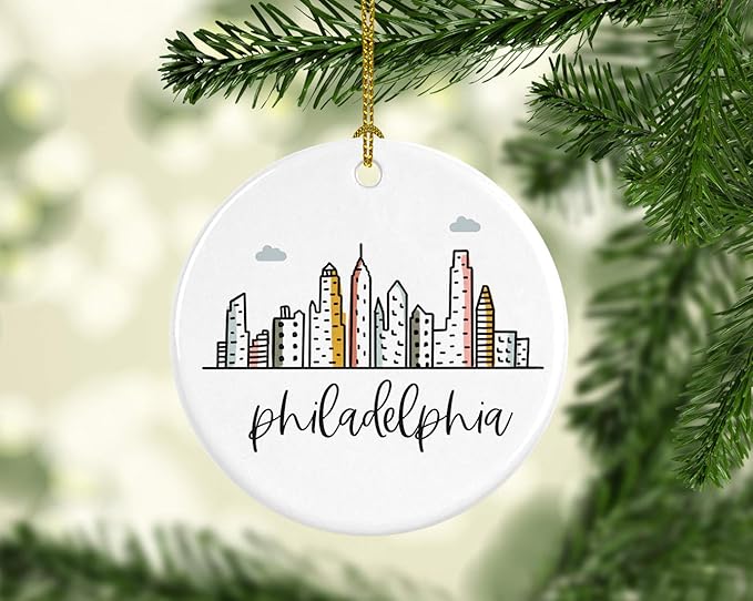 Andaz Press Round Ceramic Porcelain Christmas Tree Ornament Keepsake Gift, Philadelphia, Colorful City Skyline Graphic, 1-Pack, Birthday Ideas Family Coworker Him Her, Includes Gift Box