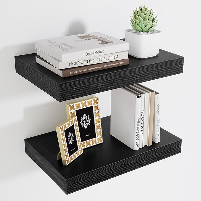 Fun Memories Black Floating Shelves for Wall - 10 x 16 Floating Shelf - Rustic Wood Storage Shelf - Wall Shelves with Invisible Bracket - 16" Bookshelves for Living Room & Bedroom - Black - Set of 2