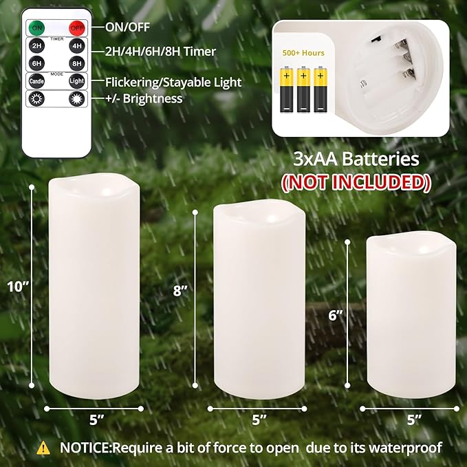 NURADA Large Outdoor Flameless Candles 6" 8" 10" x 5" - Waterproof LED Pillar Flickering Candle Battery Operated with Timer Remote for Patio Porch Lanterns - Ivory White Set of 3
