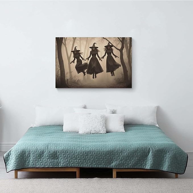 Three ghost witches flying in vintage forest gothic wall art witchcraft decoration holiday gift canvas wall art print12x16in Wood Framed